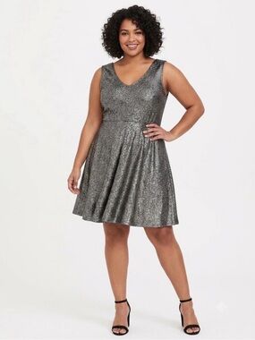 torrid Metallic Silver V‑Neck Fit & Flare Mini Dress